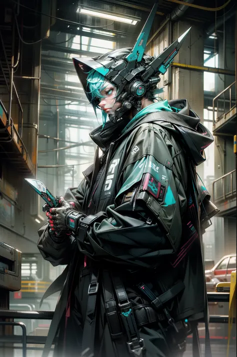 There was a boy wearing a mask and a black hoodie，With a knife in his hand, Hyper-realistic cyberpunk style，Digital cyberpunk anime style，cyan colors