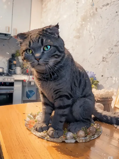 il ya un chat Assis sur une table dans une cuisine, Pli écossais, discuter sur la table devant elle, Prise avec Sony Alpha 9, discuter sur la table, l&#39;air confondant, par Emma Andijewska, Smokey, Assis sur une table, fier de détourner le regard, Regard...