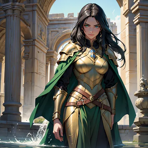 black long hair middle aged woman, Straight hair, bright green eyes, Eye reflection, Medieval armor and dark green cloak, 50 Years Old, Beautiful appearance, Anatomically accurate., Masterpiece, super detaill, High Quality, Best Quality, 8K, One Man&#39;​m...