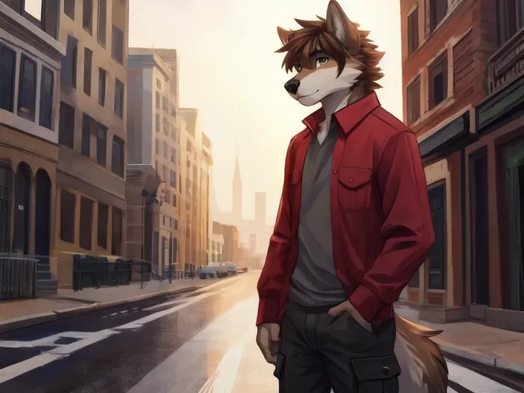 Best quality, Masterpiece, 20 yrs old, male furry wolf, cute snout, tan ears, brown shaggy hair, brown wolf tail, wearing long sleeve shirt, black cargo shorts, grey flats, standing, solo, in a city