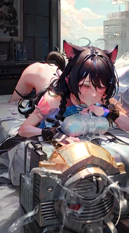 hanekawa tsubasa、eye glass、Braids、A dark-haired、large boob、fullnude、 (Black hair, Brown eyes, Round face), Colossal tits, With ribbon, (nose blush, Naughty, half opened eye, Drooling),On the bed in the infirmary, [Full body shot]、BDSM、Plenty of love juice、...