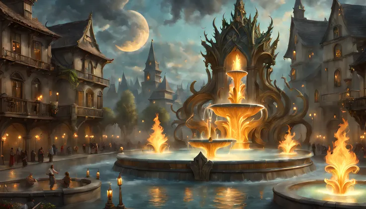 fantasy art, rpg art, there is an epic sized magical (water fountain: 1.3) in an elven city town square, it has magical runes gl...