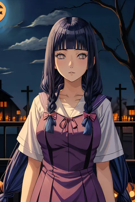 anime girl with long blue hair standing, hinata hyuga, shoujo manga character design, anime girl with long hair, halloween, dark blue hair, blunt bangs, halloween theme, braid hair, detailed lips