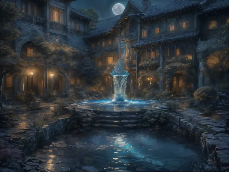 Fantasyart, The art of cosplay, There&#39;s an epic magic (The fountain: 1.3) Town square in elf city, There are magic runes in the fountain basin gl0w1ngR, The water of many creeks is intertwined (firey: 1.2), Fetzer, Fire and water combined, its night ti...