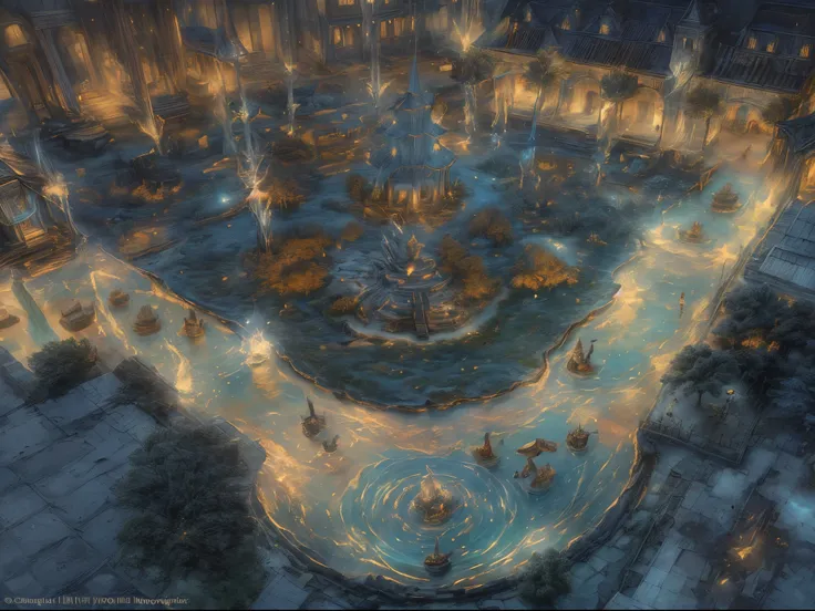 Fantasyart, The art of cosplay, There&#39;s an epic magic (The fountain: 1.3) Town square in elf city, There are magic runes in the fountain basin gl0w1ngR, The water of many creeks is intertwined (firey: 1.2), Fetzer, Fire and water combined, its night ti...