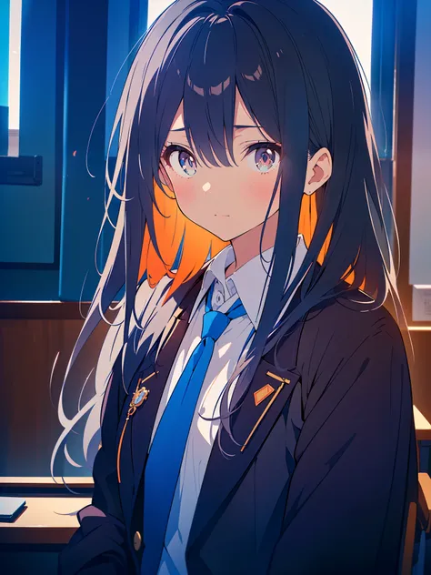 ((tmasterpiece)), (vivd colour), Cute girls, (Best quality), (ultra - detailed), (Focus sharp), (depth of fields), (电影灯光), black hair color hair, Long gray hair, 黑The eye, (look away), dark blue blazer, The shirt, ribbons, upper part of body, in class room