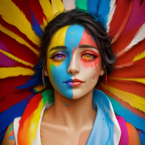 arafed woman with face paint and colorful feathers on her head, woman crying rainbow paint, symmetrical painted face, fresh rainbow bodypainting, painted face, colorful photo, color photograph portrait 4k, centered painted portrait, color portrait, woman p...