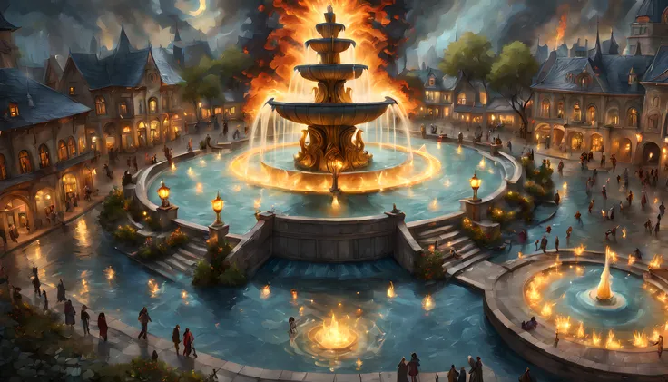 fantasy art, rpg art, there is an epic sized magical (water fountain: 1.3) in an elven city town square, it has magical runes gl...