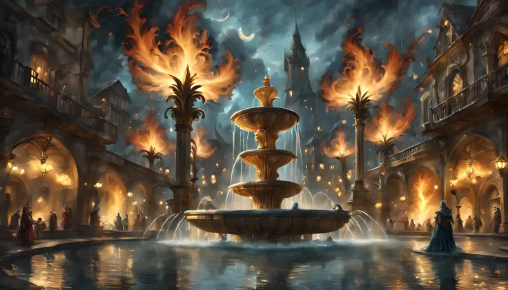 Fantasy art, RPG art, there is an epic sized magical (water fountain: 1.3) in an elven city town square, it has magical runes gl0w1ngR in the basin of the fountain, many rivulets of water entwined in (fire: 1.2), faize, the fire is combined with the water ...