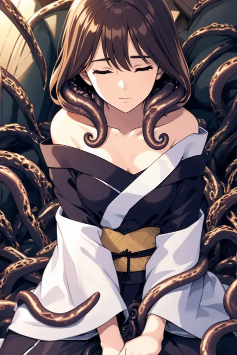 Cinematic quality，cinematic shadow，((woman wearing off-shoulder kimono))，Bigboobs，Perfect female body，extremely detailed brown hair，close eyes，((sit on a group of many very smooth white tentacles))，(upper body:1.15)，Alone，Best quality，A high resolution，(Ex...