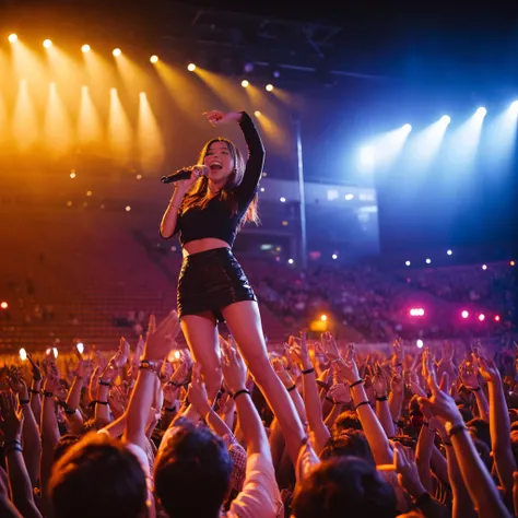 K-pop idols performing on stage, black short tight dresses, song performance, Kpop girl group, riotous atmosphere, stage above the hall, (best quality, 8k, 16k, highres, masterpiece:1.2), ultra-detailed, (realistic, photorealistic, photo-realistic:1.37), p...