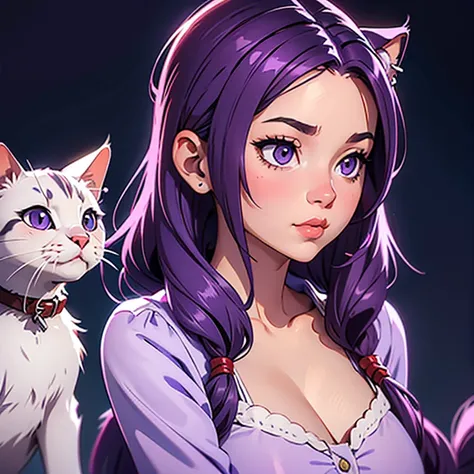 an adult woman  sending a kiss to the camera, sleepy face, white nightie, oreilles de chat, cat tail,; dark and purple hair, cur...