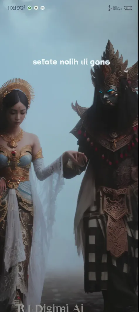 there is a man and woman dressed in costumes walking together, javanese mythology, intricate costume design, still from a fantasy movie, barong family member, barong family, submerged temple dance scene, inspired by Rudy Siswanto, still from a music video,...