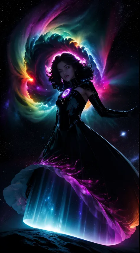 A dark silhouette of a princess, , body shape, body outline visible, In a mesmerizing display of cosmic clouds , a hypnotic holographic solar flare erupts with vibrant colors against the stark backdrop of an inky black sky. This high contrast, high key pho...