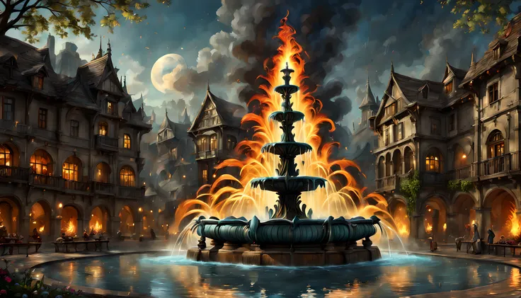 Fantasy art, RPG art, there is an epic sized magical (water fountain: 1.3) in an elven city town square, it has magical runes gl0w1ngR in the basin of the fountain, many rivulets of water entwined in (fire: 1.2), faize, the fire is combined with the water ...