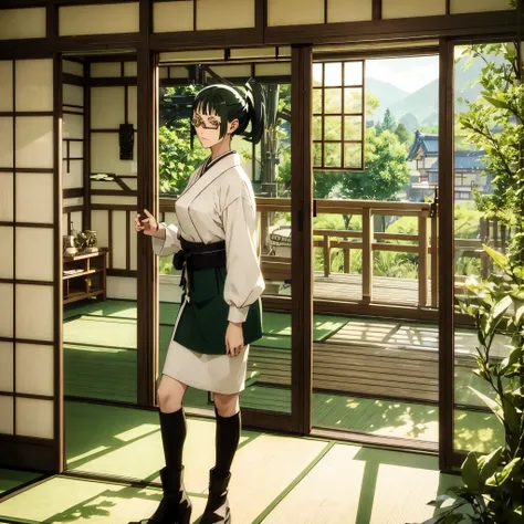 masterpiece, best quality, green hair, golden eyes, glasses, traditional japanese house