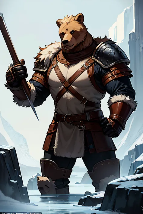 there is a bear that is holding a axe made of ice, wojtek fus, anthropomorphic viking bear, fur and leather armor, fur and leather armor, ice cave