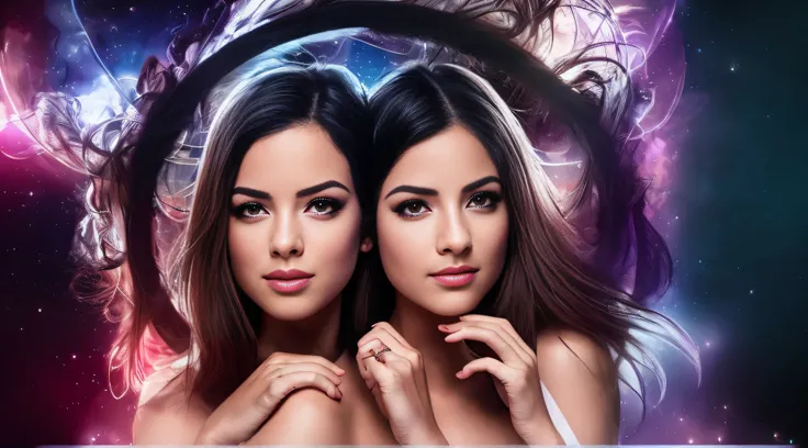 two women with dark hair and a smoke ring, beautiful gemini twins portrait, beautiful gemini twins, Bela Sci - Fi-twins, beautiful gemini good and evil, twins, epic tale of the twin sisters, twin souls, Alena Aenami e Lilia Alvarado, beautiful highly symme...