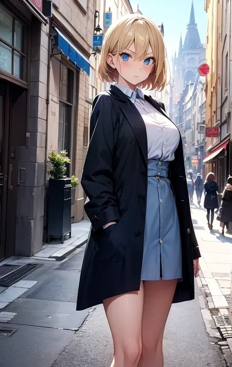 2D Anime Style、Beautiful blue eyes, (Talented lo-fi:1.3),breasts are slightly larger、Blonde shorthair,Cool adult woman with an angry expression.,Beautiful fashion,Wear a long coat,walking in city,European-style cityscape,