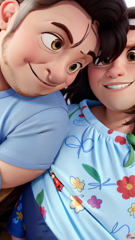 Casal moreno homem gordinho e mulher gordinha estilo Disney Pixar, alta qualidade, melhor qualidade