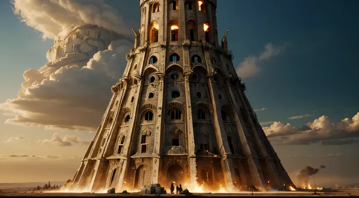 create scenes and characters from the biblical story of the tower of Babel in which the tower is being destroyed by God, no cume da torre fogo, e abaixo dela tijolos caindo nos personagens abaixo, imagem ultra detalhada