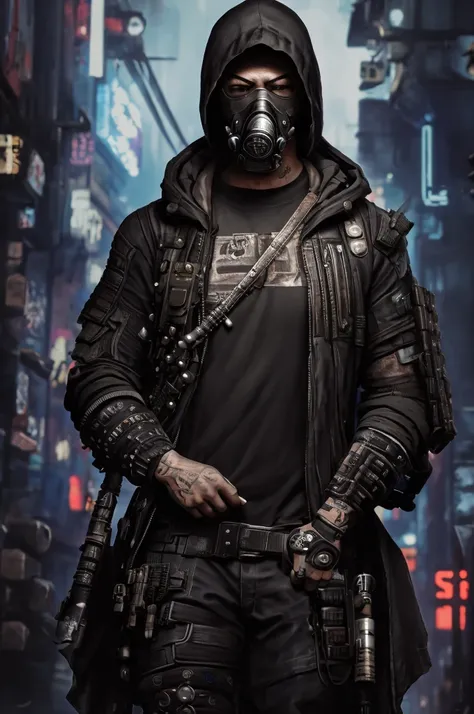 there is a man wearing a gas mask and a hood on a street, cyberpunk street goon, mystical post apocalyptic cyborg, portrait of a cyberpunk samurai, cyberpunk assassin, portrait of a cyberpunk cyborg, cinematic photograph concept art, cyberpunk character, p...