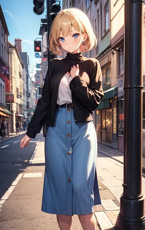 2D Anime Style、Beautiful blue eyes(Talented lo-fi:1.3),breasts are slightly larger、Blonde Shorthair,Cool adult woman with a serious expression.,knit material fashion,Wear a long coat,walking in city,European-style cityscape,