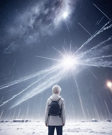 Japanese anime, Boy, Alone, silver white hair, white glass debris, Crystallization, nigh sky, winter night, Starry sky, Shooting Star Crossroads, Solo, Silence, rendered, Best Quality, masutepiece, Full body, Particle Light Effect, rendered