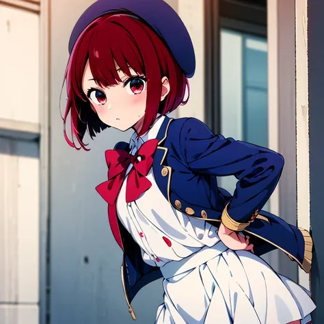 masutepiece, 8K Wallpaper, Best Quality, 1girl in, Ali Makana, Looking at the viewer, put hands on the hip, Blue Open Jacket, Beret has, White Dress, Red bow tie, White shirt, Solo, red short hair,Tsundere face、