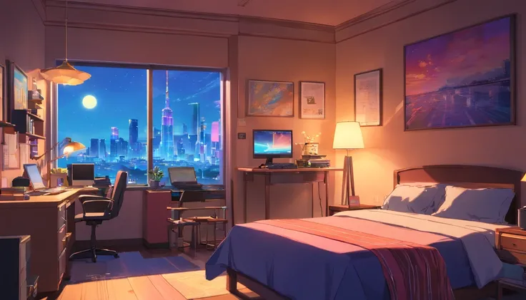 3D animated movie stills of comfortable room, Large windows with city view at night, Crested Moon, Melancholic, Grief vibes, The bed is not made, Computer desk, Cluttered furniture, Otaku style poster on the wall and guitar in the corner,In the style of Pi...