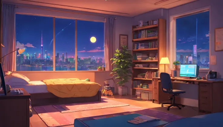 3D animated movie stills of comfortable room, Large windows with city view at night, Crested Moon, Melancholic, Grief vibes, The bed is not made, Computer desk, Cluttered furniture, Otaku style poster on the wall and guitar in the corner,In the style of Pi...