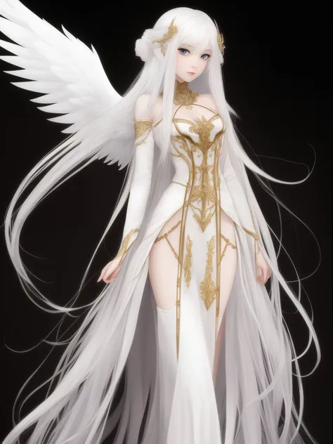 Steampunk beautiful angel girl　long white hair　Fantasia　perfectly proportions　Based on the diagram above、Please draw another variation of the angel。.。　Please use the jet black sickle.。