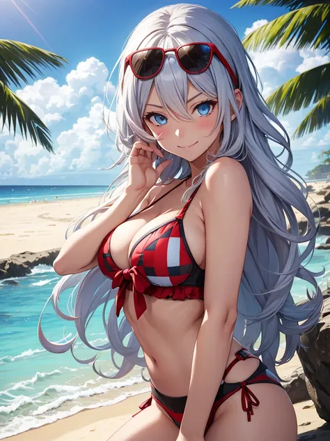 alisa ilinichina amiella, God Eater burst, light blue eyes, bikini, beach, smile, sunglasses on head, long hair, wavy hair, red checkered  bikini,  beach, smile , cleavage