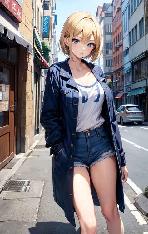 2D Anime Style、Beautiful blue eyes(Talented lo-fi:1.3),breasts are slightly larger、Blonde Shorthair,Cool adult woman with a serious expression.,feather tops,Denim shorts,Wear a long coat,walking in city,European-style cityscape,