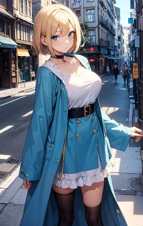 2D Anime Style、Beautiful blue eyes(Talented lo-fi:1.3),breasts are slightly larger、Blonde Shorthair,Cool adult woman with a serious expression.,feather dress,Wear a long coat,walking in city,European-style cityscape,