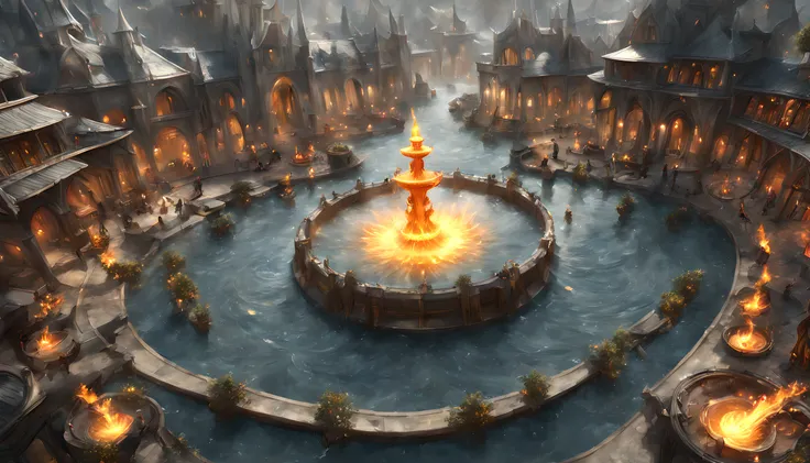 fantasy art, rpg art, rawת there is an epic sized magical (water fountain: 1.3) in an elven city town square, it has magical run...