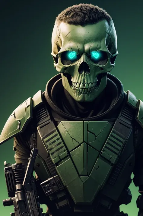 a close up of a skull with a gun in front of a green background, hq artwork, hq 4k phone wallpaper, spec - ops head, warzone background, closeup view, hq 4k wallpaper, wojtek fus, closeup portrait shot, portrait of a cyber skeleton, unreal 5. rpg portrait,...