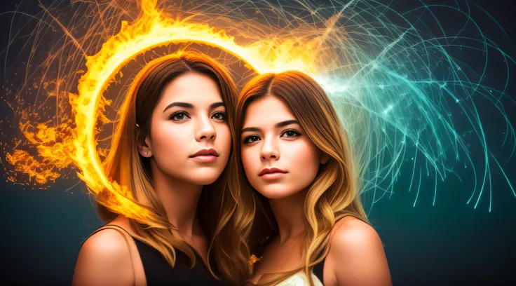 two women with rings of fire around their heads, beautiful gemini twins portrait, Modelos de 5 0 0 px, halo de fogo luminoso, Alena Aenami e Lilia Alvarado, beautiful gemini twins, cabelo feito de fogo, twin souls, Directed by: Adam Marczyński, 8k artistic...