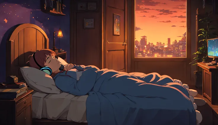 Girl sleeping in a comfortable room at night, Using headphones, 2D style anime, Lo-fi, Hard disk, Dark environment