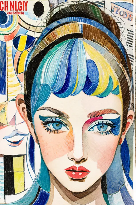 Sketched, watercolor paiting, Collage of Picasso and Robert Delaunay, cubism, Abstract, Cute daughter, big clear blue eyes, Little red cheeks, Blonde long-haired, Face-centric, Against the backdrop of newspapers and fashion magazines, Intricate Brushwork, ...