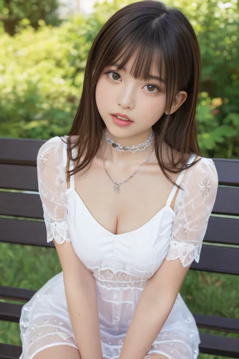 masutepiece, Best Quality, One girl, (Beautiful Girl:1.3), (16 years old:1.2), Very fine eye definition, (Symmetrical eyes:1.3), NSFW, (cute little、With net-like slits、Highly detailed mini dress with open neckline、:1.3), Beautiful breasts, Brown eyes, Part...