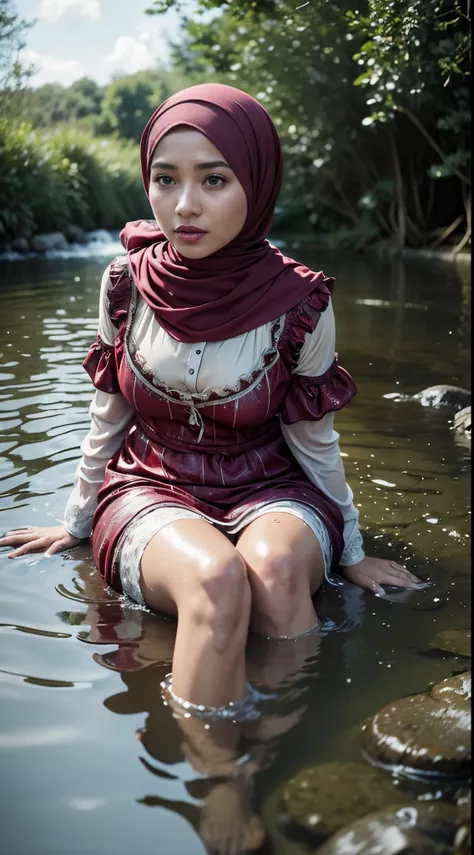 malay woman in sunflower dress and hijab is sitting in the water, long sleeves, close-up fantasy with water magic, beautiful gir...