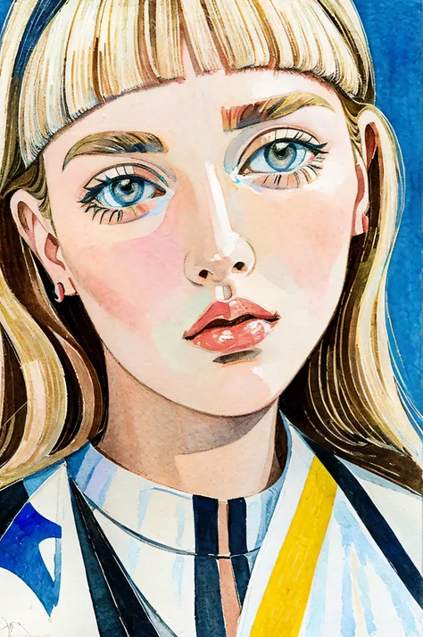 Sketched, watercolor paiting, Collage of Picasso and Robert Delaunay, cubism, Abstract, Cute daughter, big clear blue eyes, Little red cheeks, Blonde long-haired, Face-centric, Against the backdrop of newspapers and fashion magazines, Intricate Brushwork, ...