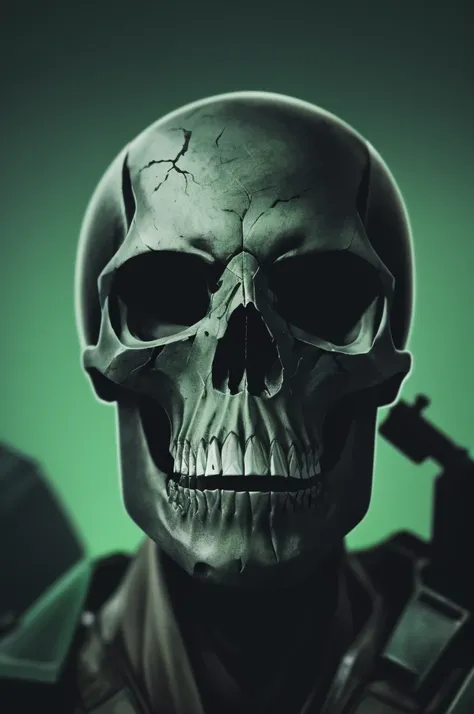 a close up of a skull with a gun in front of a green background, hq artwork, hq 4k phone wallpaper, spec - ops head, warzone background, closeup view, hq 4k wallpaper, wojtek fus, closeup portrait shot, portrait of a cyber skeleton, unreal 5. rpg portrait,...