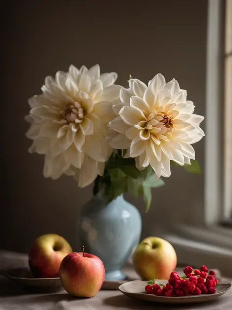 On the table was a vase，There are apples inside, Still life photography, dahlia flower, still life with white vase, Magnificent composition, Still Life Photo Gallery, Still life with flowers, dslr photo of a vase on a table, summer morning light, lpoty, au...