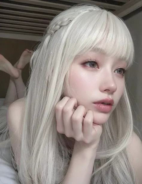 blond haired girl with long white hair laying on bed, long white hair and bangs, white bangs, pale porcelain white skin, white hime cut hairstyle, pale hair, hair whitebangs hair, pale milky white porcelain skin, porcelain white skin, with white long hair,...