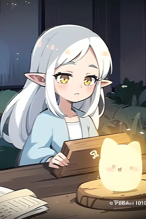 a close up of a person with a white hair and a white shirt, elf girl, she has elf ears and gold eyes, detailed anime character art, 8 k character details, a portrait of an elf, anime visual of a cute girl, elf princess knight, official character art, anime...