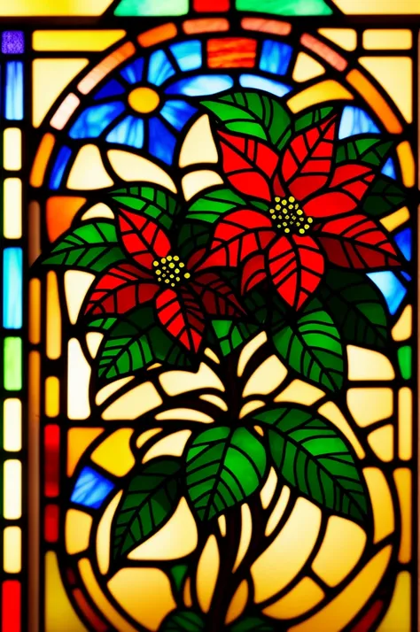 poinsettia flower made in a stained glass window, colorful, 3d render