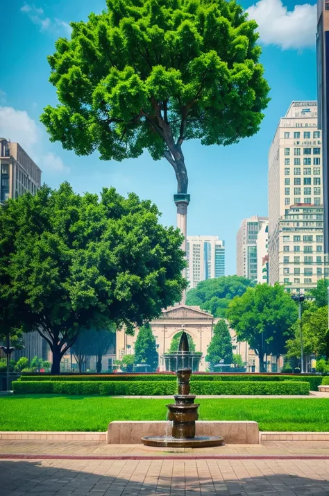 a water fountain with trees and a building in the background, a matte painting, inspired by David LaChapelle, environmental art, chemical plant, vibrant vivid colors, high quality product image”, the city is full of green plants