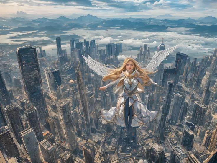 visually breathtaking masterpiece of the highest quality, featuring a blonde girl adorned in a hadesarmor complete with elegant metal wings, soaring gracefully above a dazzling cityscape. Pay meticulous attention to detail, infusing every element of the sc...